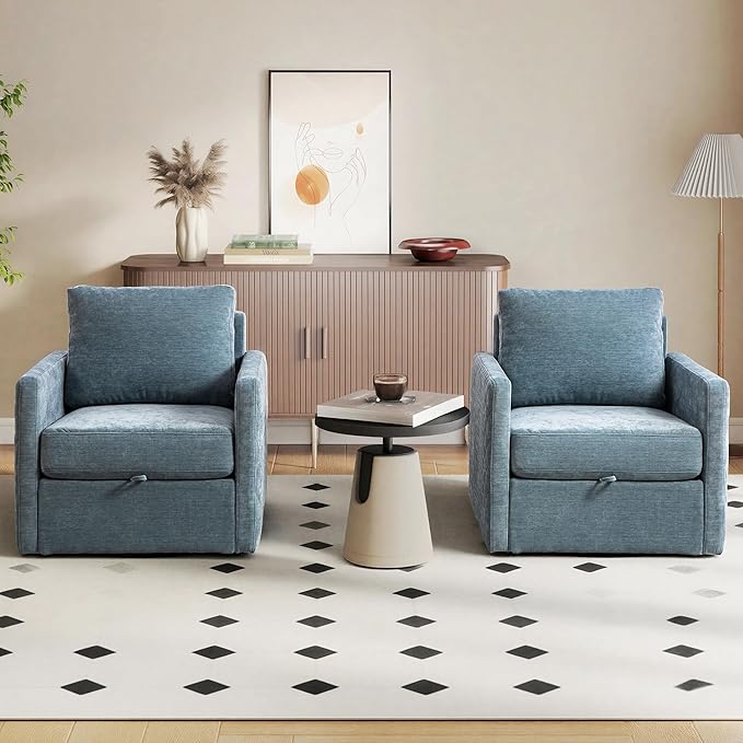 Aoiy &amp Wifon 29.5''W Swivel Accent Chair Comfy Modern Square Arm Chair with Hidden Storage for Living Room/Bedroom/Office Chenille Blue