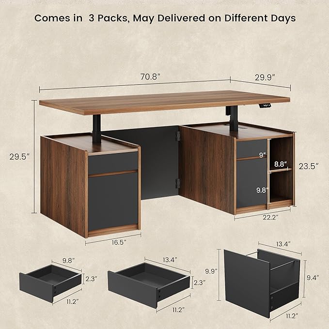 Executive Standing Desk with Drawers &amp Storage 70.8'' Adjustable Electric Stand Up Wood Desk with Privacy Panel AC/USB File Cabinet Large One-Piece Desktop for Home Office Black Walnut