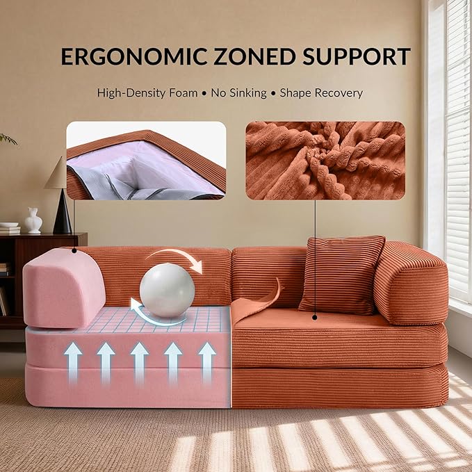 5-in-1 Convertible Sofa Bed Boneless Floor Couch Queen Size with Magic Pillow Blankets Zero-Assembly Sleeper Futon for Apartments Renters &amp Micro-Living Spaces Orange