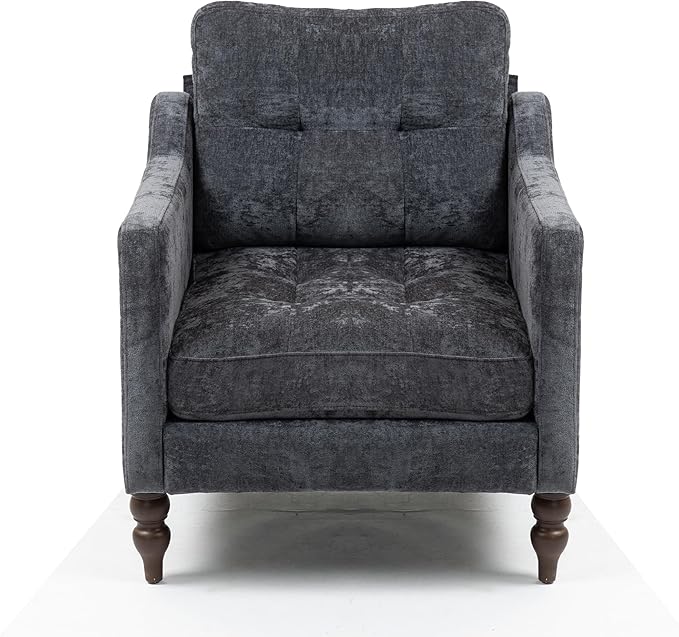 Accent Chair for Living Room Mid-Century Armchairs for Small Spaces Chenille Upholstered Comfy Reading Armchair with Studded for Bedroom (Dark Grey-B)