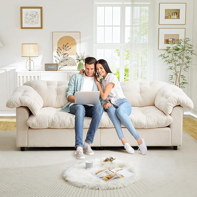 Modern Sofa Couch 94.8W Chenille Tufted Fluffy Comfy Cloud Couch with Tutfted Design &amp Armrest Pillows Upholstered Oversized Loveseat Sofa for Living Room Bedroom Office Apartment Beige