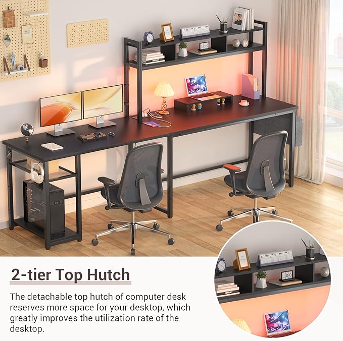 Aheaplus L Shaped Desk with Power Outlet &amp LED Strip Reversible L-Shaped Corner Computer Desks Gaming Desk with Storage Shelf &amp Monitor Stand Modern 2 Person Home Office Desk Writing Desk