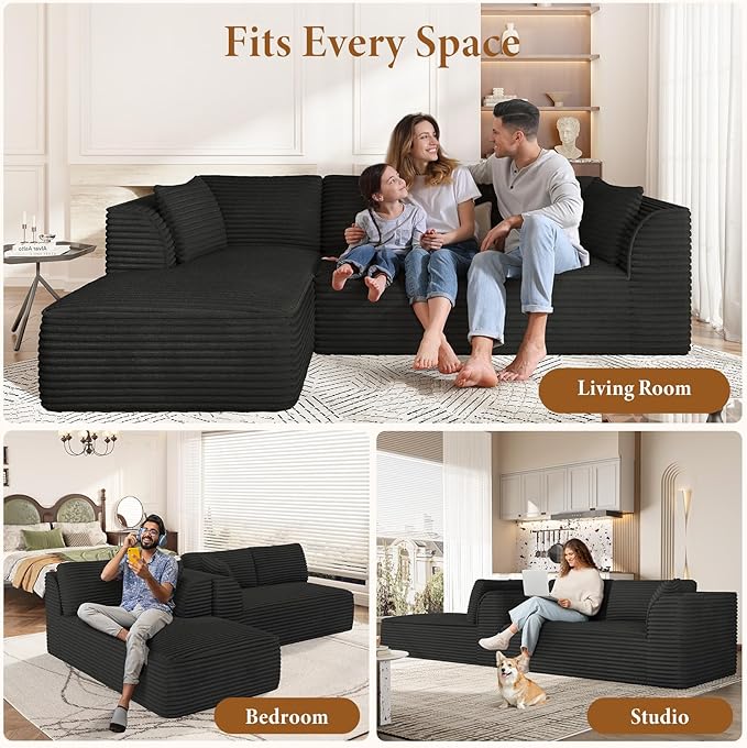 Vesgantti 106 Cloud Sectional Couch with Chaise Deep Seat Comfy Modular Sectional Sofa Corduroy Memory Foam Boneless Couches for Living Room Bedroom No Assembly Required (Black Left-Facing Chaise)