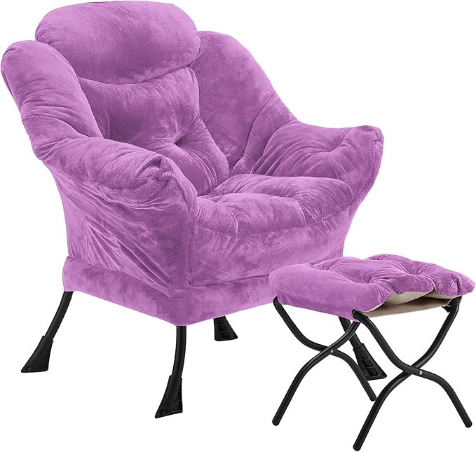 Lazy Chair with Folding Ottoman Accent Chair Plush Upholstered with Metal Structure and Non-Slip Pads Sofa Armchair with Footrest and Side Storage Bag for Dorm Room Office Purple