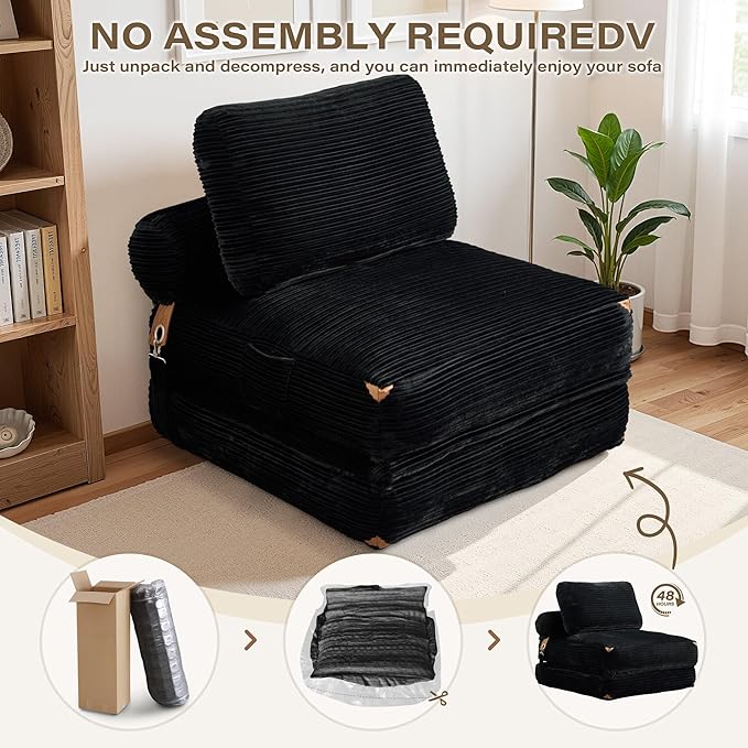 75''Foldable Sofa BedBlack Convertible Folding Sleeper Chair BedFoldable Single Sofa Foam Filling Couch with Pillow Comfy Corduroy Lazy Floor Sofa for Small Room Living Room Bedroom Apartment