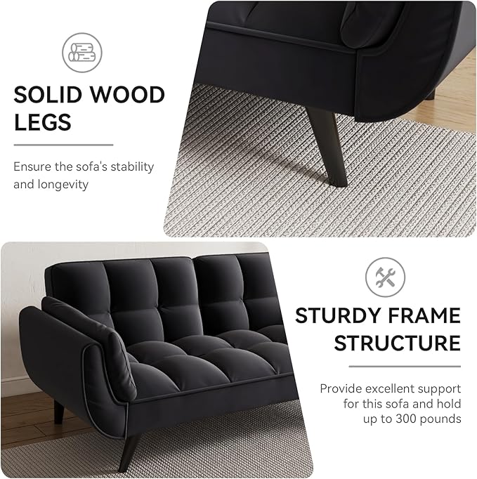 KINFFICT 57 inch Black Futon Sofa Couch Bed Comfy Velvet Upholstered Loveseat Convertible Sleeper Sofa cama with Adjustable Backrest Mid Century Modern Sofas for Living Room Bedroom Small Space