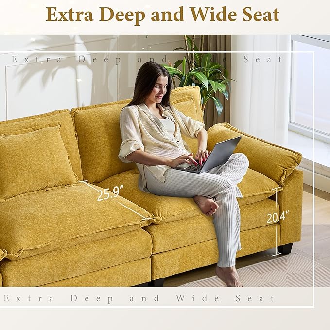 URRED Modular Sectional Sofa Comfy Cloud Couch Modern Chenille Sofa Sleeper Deep Seat Couches with Ottoman/Pillows for Living Room (Yellow 53'')