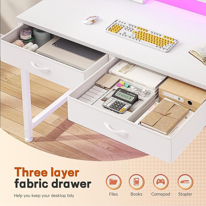 Computer Desk with 2 Drawers &amp LED Lights31.5 Inch Home Office Desks with Side Pocket and Monitor StandStudy Writing Table for Small SpacesWhite