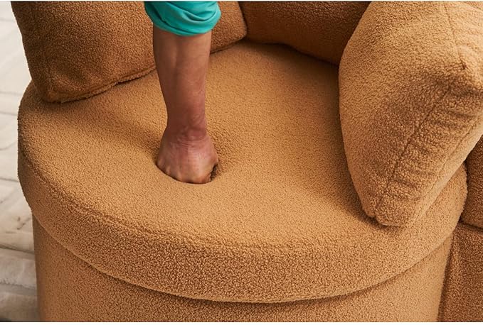 Teddy Fabric Swivel Storage Chair with Back Cushion Khaki 360° Swivel for Living Room