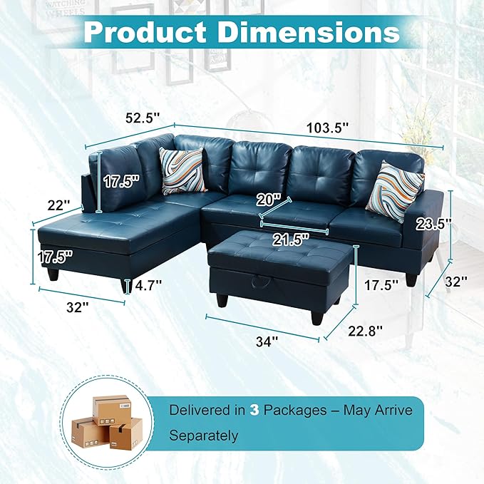 103.5 Oversized Sectional Couch L Shaped Couch with Storage Ottoman Modern Modular Sofa with Deep Seat Sectional Couches for Living Room and Office Peacock Blue (PU Leather)