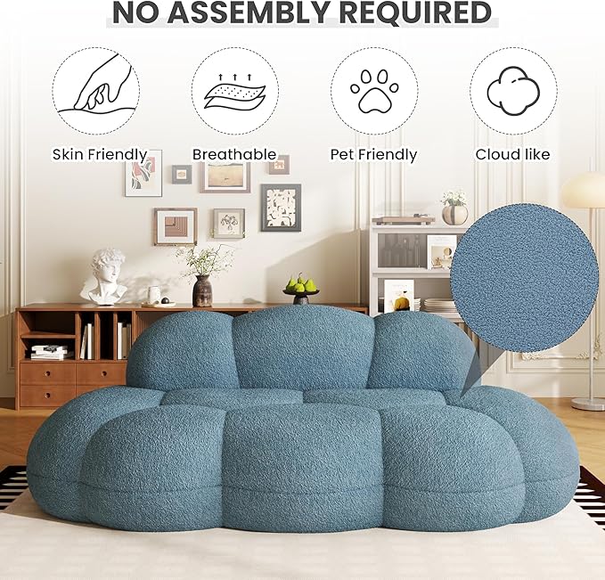 90 Curved Boucle Couch Comfy Cloud Shaped Boneless Couches for Living Room Modern Deep Seat Loveseat Lazy Floor Sofa for Bedroom Apartment Small Space (No Assembly Blue)