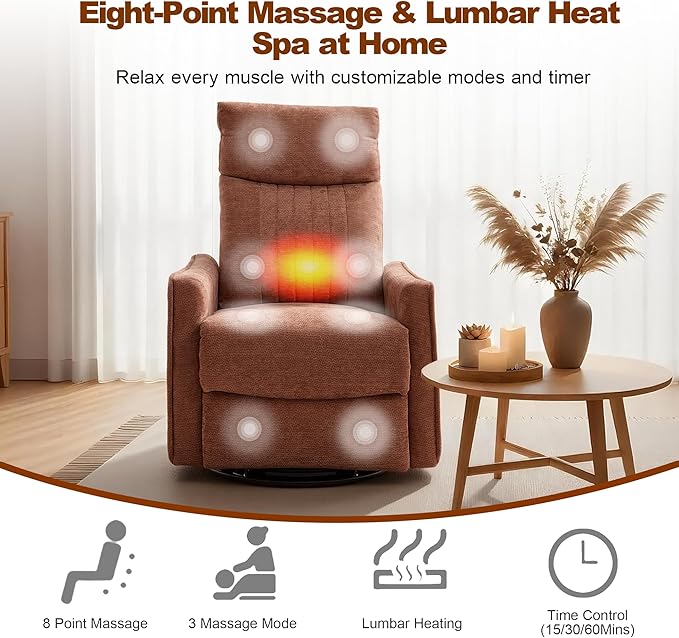 Casaphoria 360° Swivel Rocking Recliner Chair with Heat and Massage Upholstered Fabric Nursery Glider with Side Pocket for Living RoomBedroomHome Theater and RV Small Space(Orange)