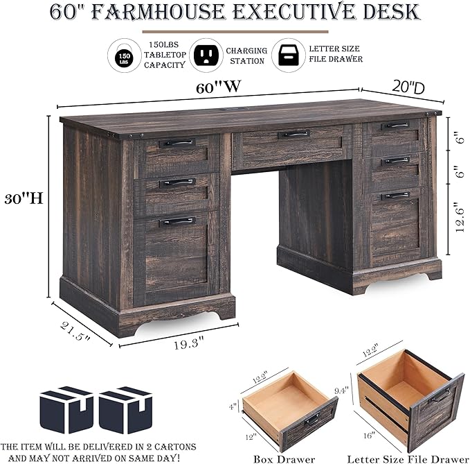 RedLemon 60 Farmhouse Executive Desk Home Office Desk with Drawers Charging Station Keyboard Tray File Drawer Storage Cabinet Wood Rustic Computer Writing Desk (Dark Rustic Oak)