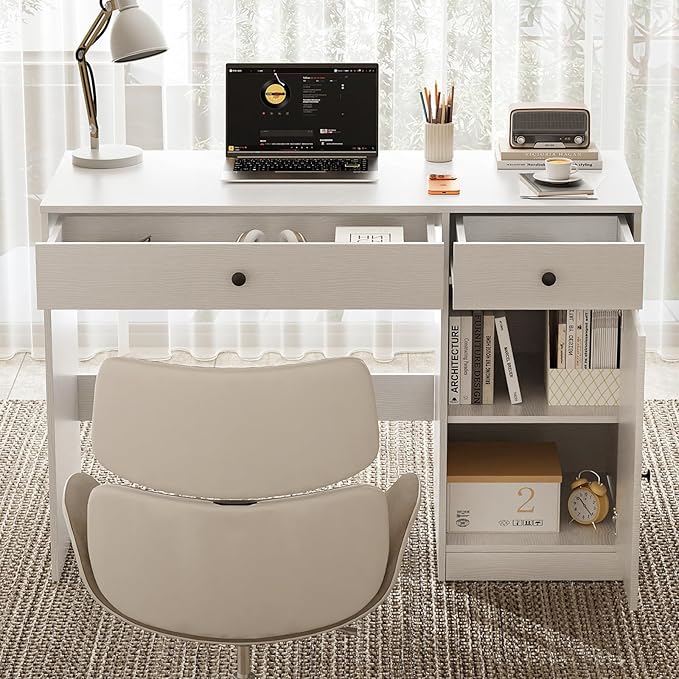 TUSY 47 White Office Desk with Drawers - Modern Office Desk with Storage Executive Desk for Office Modern Computer Desk for Small Spaces Wood Writer Desk for Study Bedroom Home Office