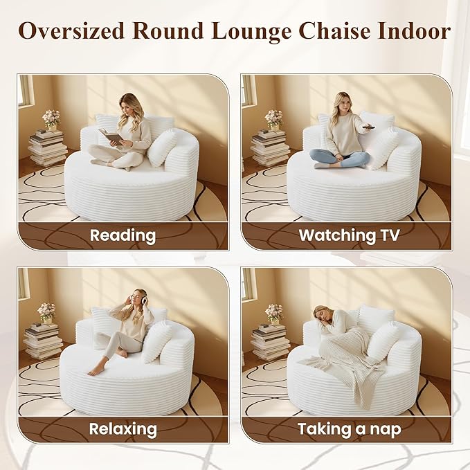 WJShome Oversized Round Chair Lounge Chaise IndoorUpholstered Corduroy Sofa Bed with 3 PillowsComfy Sleeper Boneless CouchDeep Seat Couches for Living Room Beige