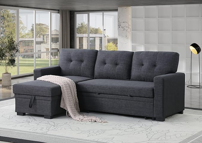 ACQCA 82 Convertible Sectional Sleeper Sofa with Storage Chaise L Shaped Pull Out Couch Bed with 3 Tufted Back Cushion for Living Room ApartmentOfficeDark Gray