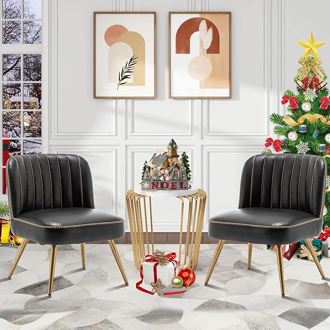 Aklaus Accent Chairs Set of 2 for Living Room Bedroom.Upholstered Reading Chair Faux Leather Modern Corner Chair Armless Chair with Larger Seat Comfy Side Chairs for Office Waiting Room Black