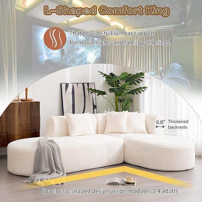 Modern L-Shaped Sofa Couch Stylish Chenille Corner Sofa for Living Room Curved Seat with Wide Stitching Four Comfortable Cushions Perfect for Living Room Bedroom and Office (Beige/367)