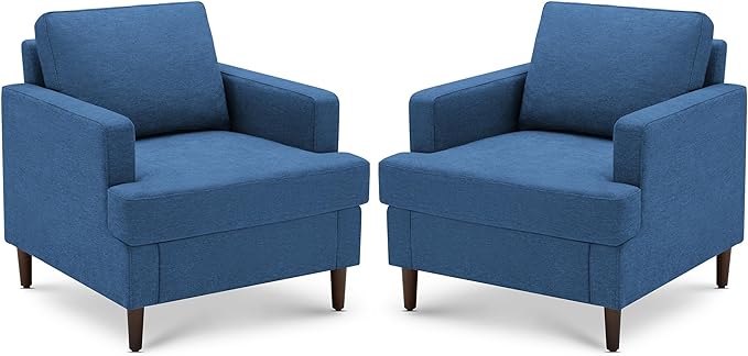 Mid-Century Accent ChairModern Linen Fabric Armchair for Living RoomComfy Upholstered Reading Accent Chairs for BedroomSingle Sofa Chair with Wood Legs (Blue 2 Pack)