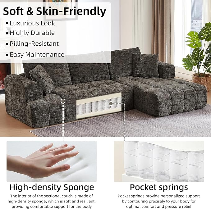 110 Inch Cloud Sectional CouchModern Upholstered Sofa with Deep SeatChenille Boneless Couches with L-Shape ChaiseSponge Compressed Couches for Living Room (Brown Right Facing Chaise)