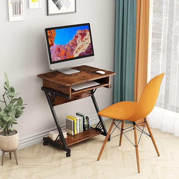 Computer Desk for Small Spaces Mobile Computer Desk with Keyboard Tray Z-Shaped Writing Table with Rolling Wheels &amp Storage Shelf (Brown)