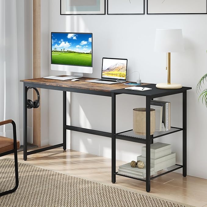 GOFLAME 59” Computer Desk Modern Simple Study Writing Desk with Built-in Power Outlet Removable Shelf &amp Side Headphone Hook Home Office Laptop PC Desk Gaming Table Workstation (Rustic Brown)