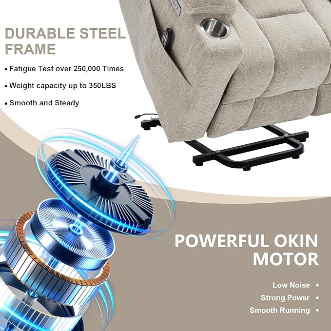 Power Lift Recliner Chair for Eldery Chenille Electric Recliner Chairs with Massage and Heat Remote Control Standing Assistance Lay Flat Recliner Sofa for Living Room Medium-FirmBeige