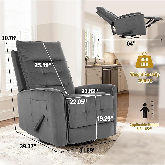 Swivel Rocker Recliner Chair Rocking Chair Small Swivel Recliner for Small Spaces Living Room RV(Dark Grey)