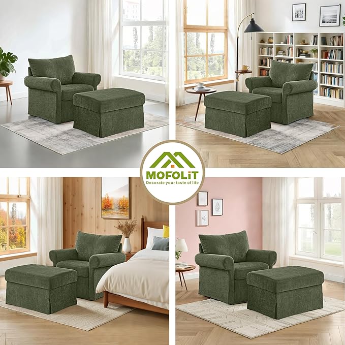 Living Room Chairs with Ottoman Small Accent Chair for Bedroom Single Sofa Couch with Chenille Fabric for Apartment and Small Places (Green)