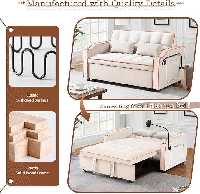 Pull Out Sofa Bed with Phone Holder Convertible Velvet Loveseat Sleeper with 2 USB Charging Ports Modern Futon Couch with Cup Holders and Adjustable Backrest Small Love Seat for Living Room Beige