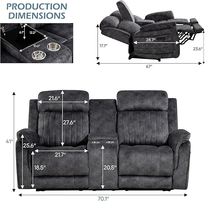 Zero Gravity Power Reclining Loveseat with Adjustable Headrest Power Loveseat Recliner with Console Power Loveseat Recliner Sofa with USB &amp Type-C Ports for Living Room(Grey)