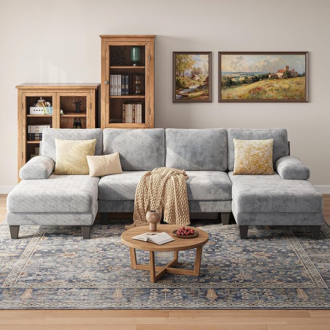 Sectional Couches for Living Room | 112 Inch U-Shaped Sectional Couch | 4 Seat Sofa Set with Double Chaise for Apartment | Light Grey Chenille