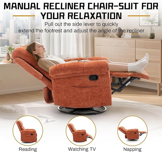 Recliner Chair Swivel Rocker Recliner Chair for Adults Small Recliners for Small Spaces Manual Recliner with Side Pockets Upholstered Nursery Rocking Chair for Living Room Chenille Orange