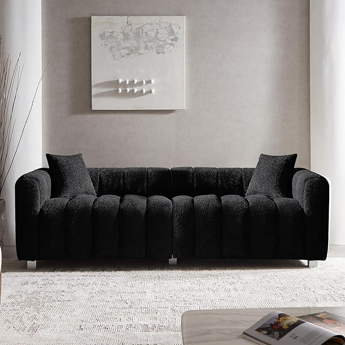 87.4 Modern 3 Seater Sofa Couch for Living Room Mid Century Fluffy Couches with Solid Wood Frame and 6 Legs for Bedroom Apartment Weight Capacity 750 LBS (Black)