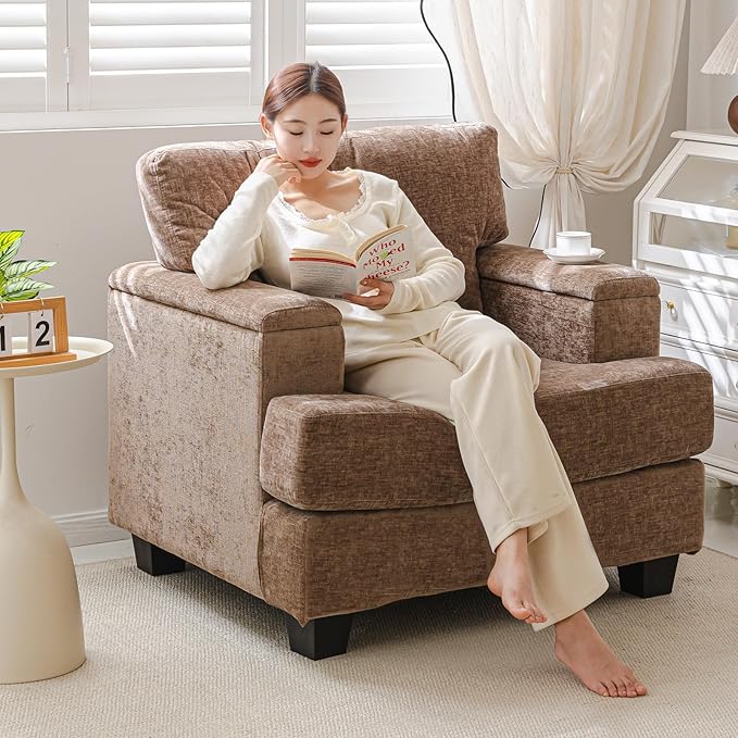Oversized Accent Chairs Set of 2Large Armchair with Armrest OrganizerDeep SeatBig Reading ChairComfy Living Room ChairsSofa Chair for BedroomChenilleBrown