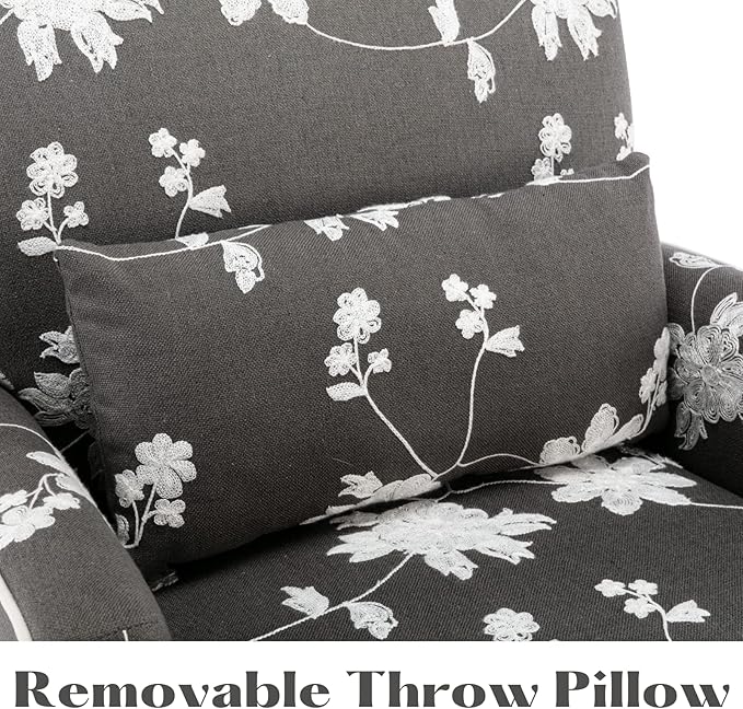 Mid Century Accent Chair Floral Reading Chair with Removable Pillow Wingback Arm Chair Upholstered Comfy Single Sofa for Living Room/Bedroom/Fireplace Grey 1PC