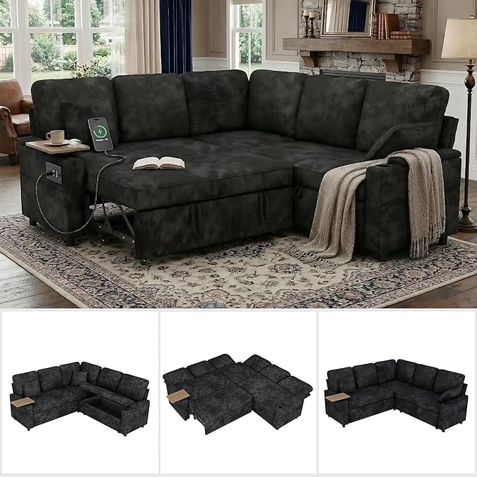 81 Modular Sectional Sofa L Shaped 5-Seater Sleeper Sofa with Pull Out Bed Hidden Storage Cup Holders &amp USB Charging Ports Sectional Couches for Living Room Chenille Black