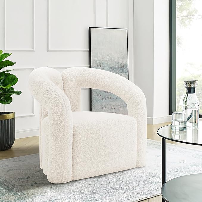 Manhattan Comfort Darian Modern Accent Boucle Chair for Living Room Upholstered Armchair with High Density Foam Padding &amp Premium Pine Wood Frame Cream