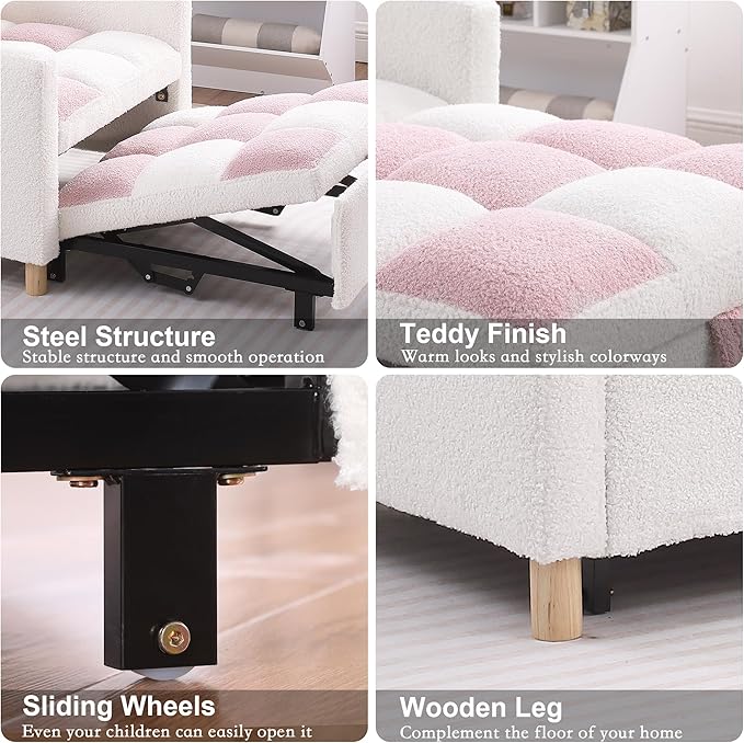 Sleeper Chair Bed Multi-Functional Convertible Chair Sleeper Teddy Fabric Adjustable Single Pull Out Sofa Bed with Lumbar for Apartment BedroomOfficeLiving Room (Beige&ampPink)