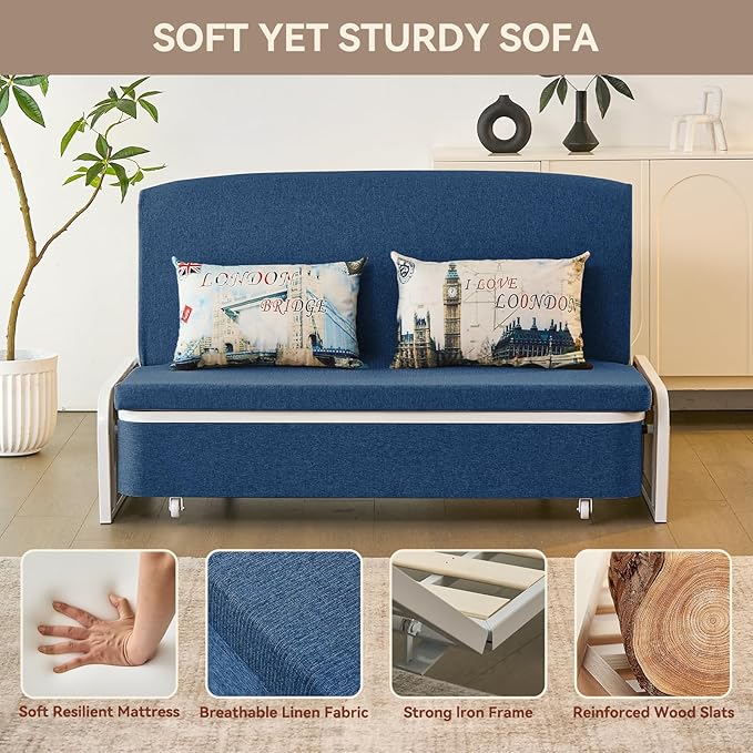 60 Full Size Loveseat Couch Bed 3 in 1 Convertible Pull Out Sleeper Sofa Bed with Storage Trundle and 2 Pillows for Living Room Bedroom Dorm Office RV (Midnight Navy-909)
