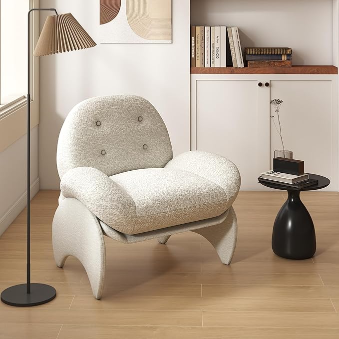 thksbought Modern Accent Chair White Lambswool Mid Century Lounge Armchair with Button Tufted Back Comfy Luxury Crab Chair with Upholstered Seat for Bedroom Apartment Studio Office (White 1PC)