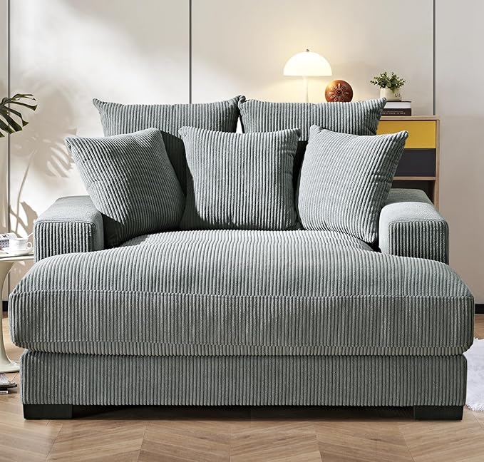 Luxe Upholstered Chaise Lounge Sofa in Soft Corduroy Fabric with Removable Cushions Oversized Chair for Relaxing in Living Room or Bedroom 55.1 Wide Grey