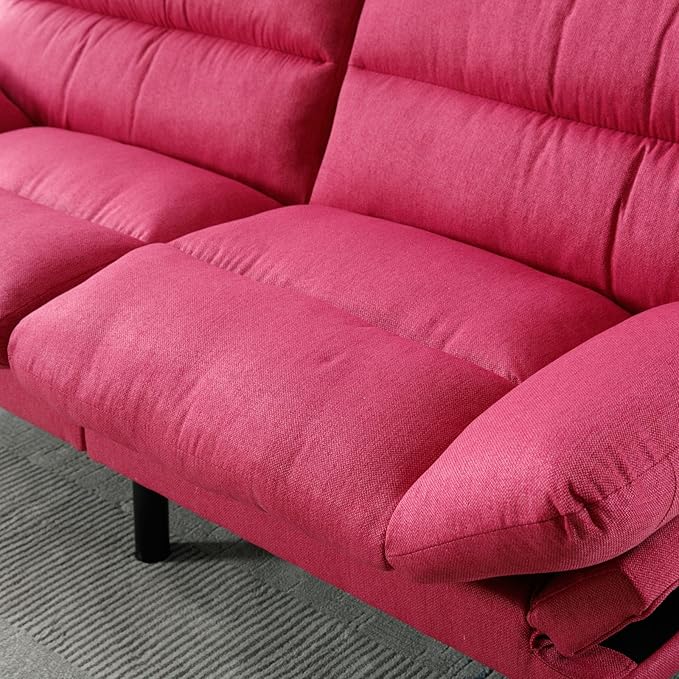 Convertible Futon Sofa Bed Linen Folding Loveseat Couch with Adjustable Backrest and Wooden LegsDouble Sleeper Sofa Couches for Small Spaces Living Rooms Apartment Office (Rose Red)