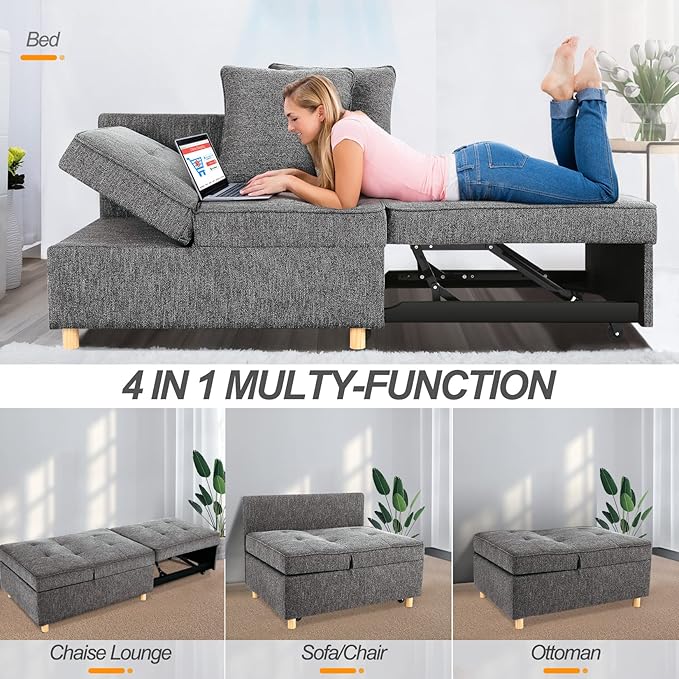 SEJOV Sofa Bed 4-in-1 Convertible Sofas &amp Couches 3-Seat Linen Fabric loveseat Sofa with 2 Throw Pillow Single Recliner for Small Space with 5 Adjustable Backrest Dark Grey