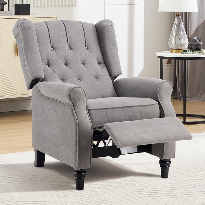EBELLO Push Back Recliner Chair Fabric Accent Chair Pushback Recliner with Rivet Decoration Button-Tufted Back Mid Century Wingback Armchair for Living Room Bedroom Grey