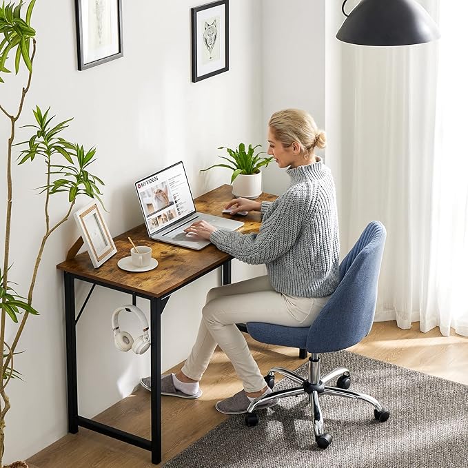 Sweetcrispy Computer Office Desk 63 Inch Student Study Writing Work with Headphone Hooks &amp Storage Bag Modern Simple PC Home Bedroom Table Rustic Brown