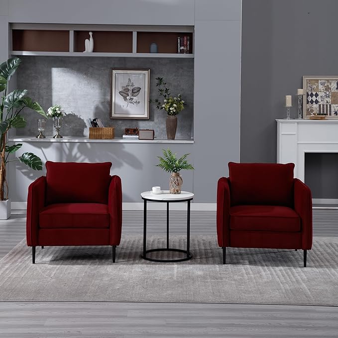 Wine Red Accent Chair for Living Room Modern Upholstered Accent Chair Comfy Velvet Armchair with Thick Cushion Single Sofa Arm Chairs for Bedroom Office Reading RoomClub (Wine Red)