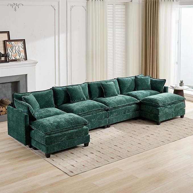 Aoowow Chenille U Shaped Sofas with Deep SeatModular Sectional 4 Seater Cloud Couch with Ottoman Set for Living Room149.6 Fluffy U-Shaped Corner Couches with Chaise Lounges (Green 4+2)