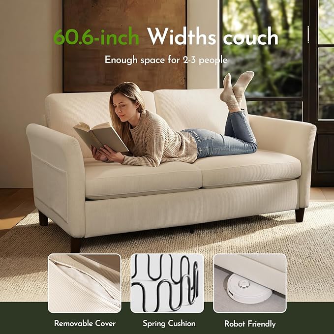 60.6 Corduroy Loveseat Sofa Modern Comfy Couches with Side Pocket 2-Seater Sofa Couch for Living Room Bedroom and Small SpacesBeige