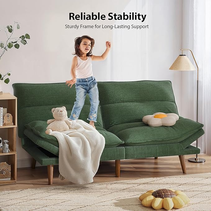 Pipishell Futon Sofa Bed Convertible Futon Adjustable Backrest &amp Armrests Corduroy Sleeper Couch for Small Spaces Living Room Office Guest Room (Moss Green 66 Inch)